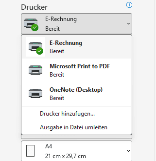 Die Druckerliste in Windows mit dem Eintrag „E-Rechnung“