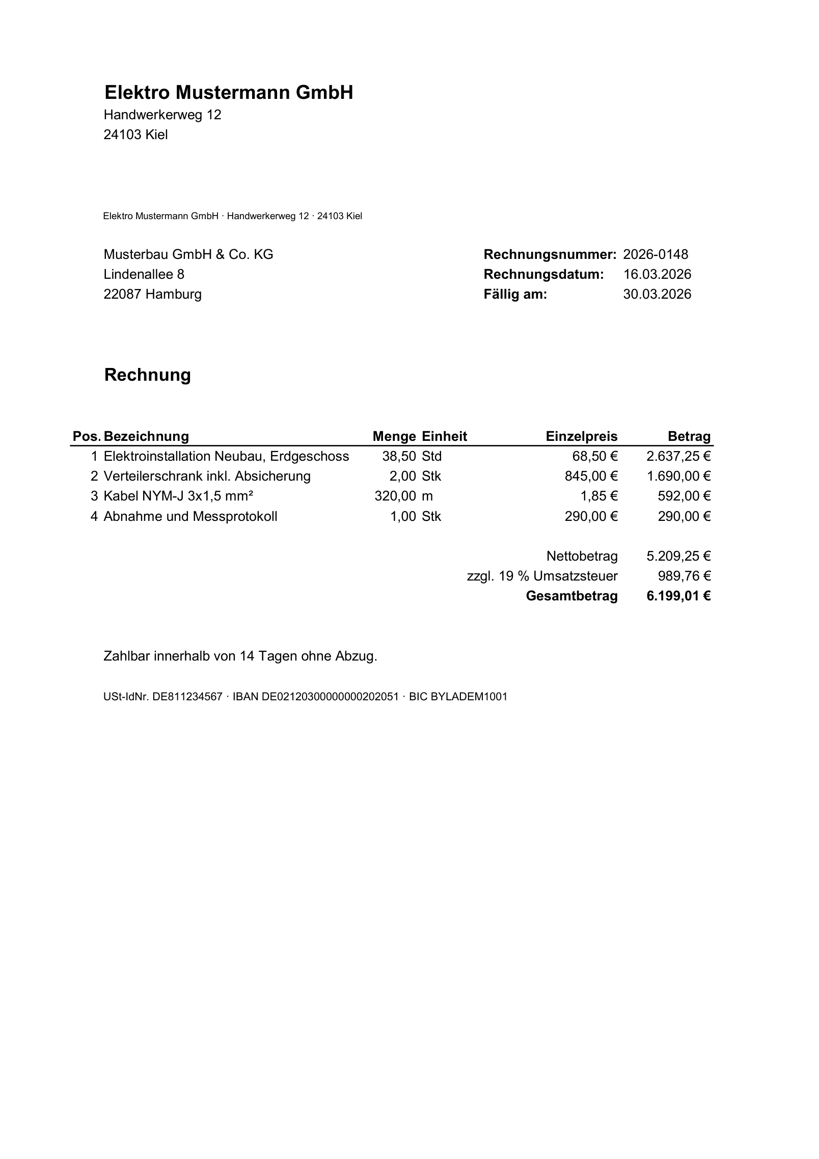 Eine Rechnung, wie sie aus Word oder Excel gedruckt wird